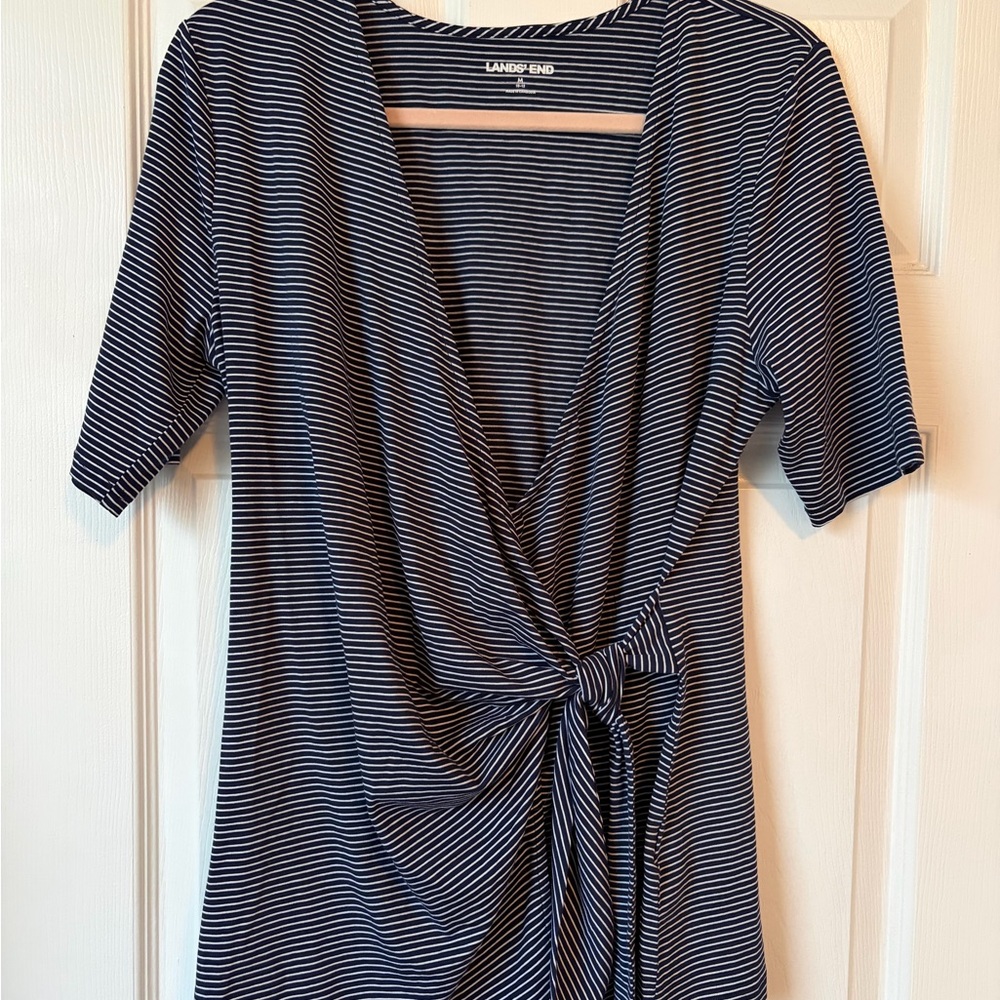 Lands' End Navy & White Striped Knot-Front V-Neck Tunic